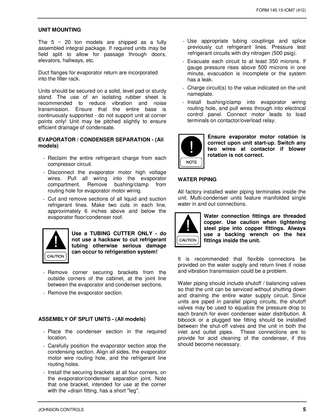 Johnson Controls CSV060B-240B installation instructions Unit Mounting, Water Piping 