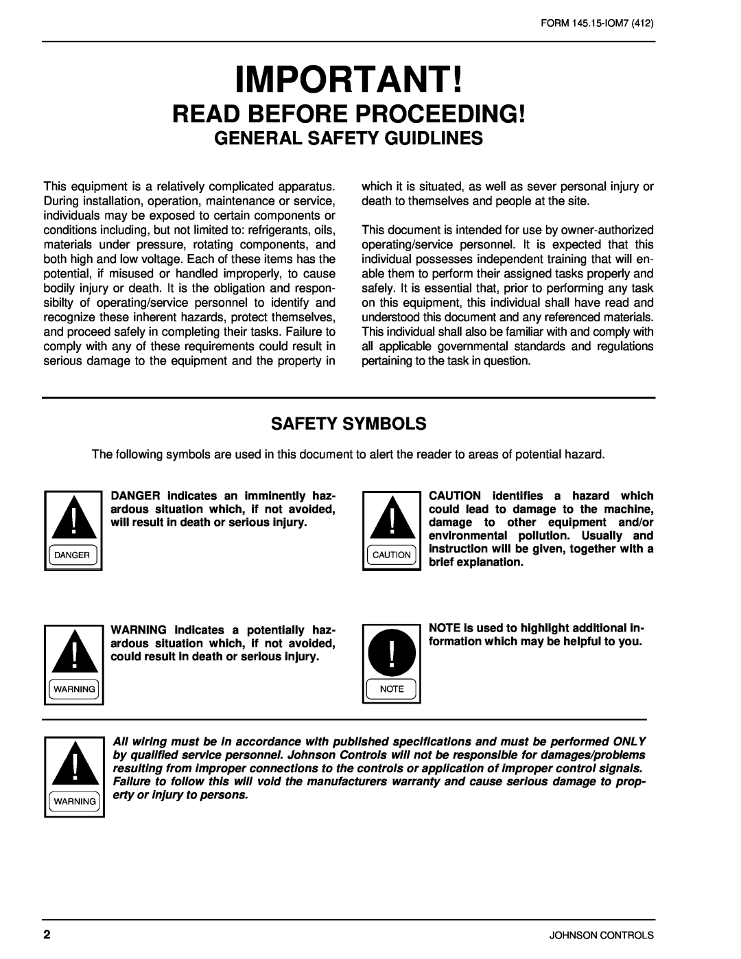 Johnson Controls CSV060B-240B installation instructions Read Before Proceeding, General Safety Guidlines, Safety Symbols 