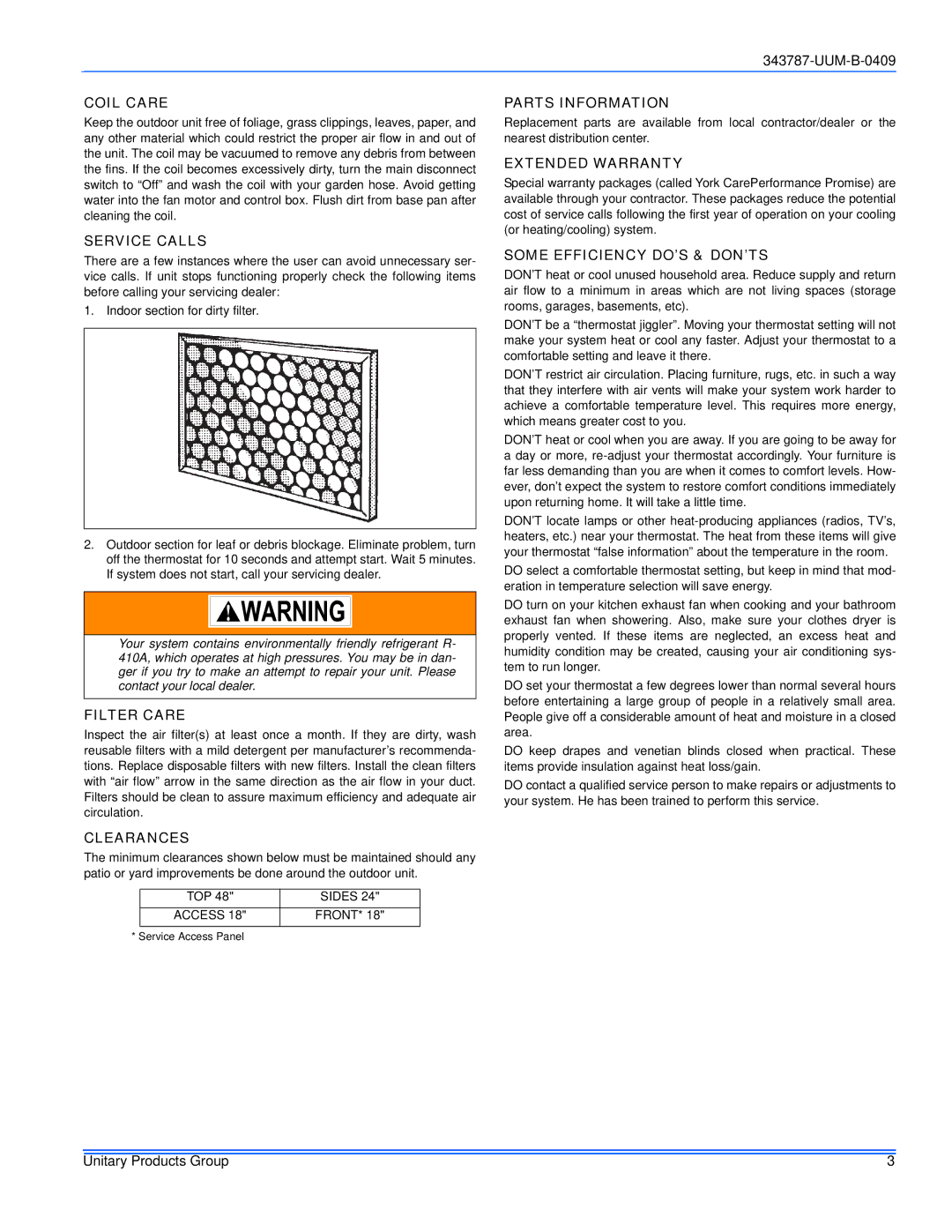 Johnson Controls AC8B, HC8B warranty Coil Care, Service Calls, Filter Care, Clearances, Parts Information, Extended Warranty 