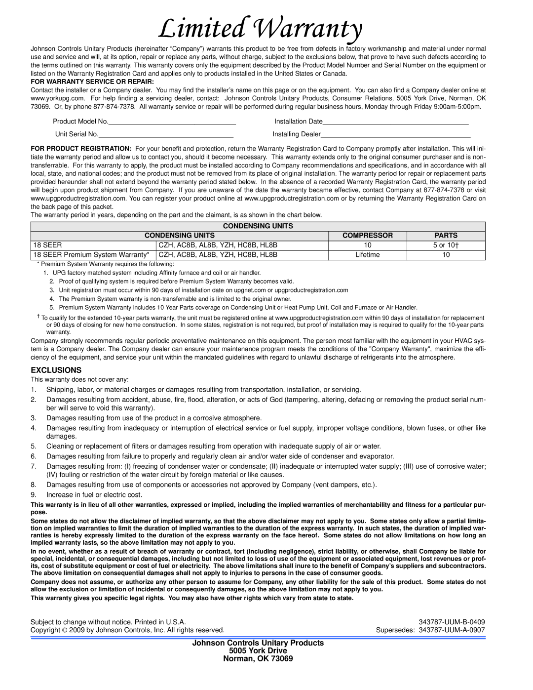 Johnson Controls HC8B, 18 SEER CZH, 18 SEER YZH, AC8B warranty Limited Warranty, Exclusions 