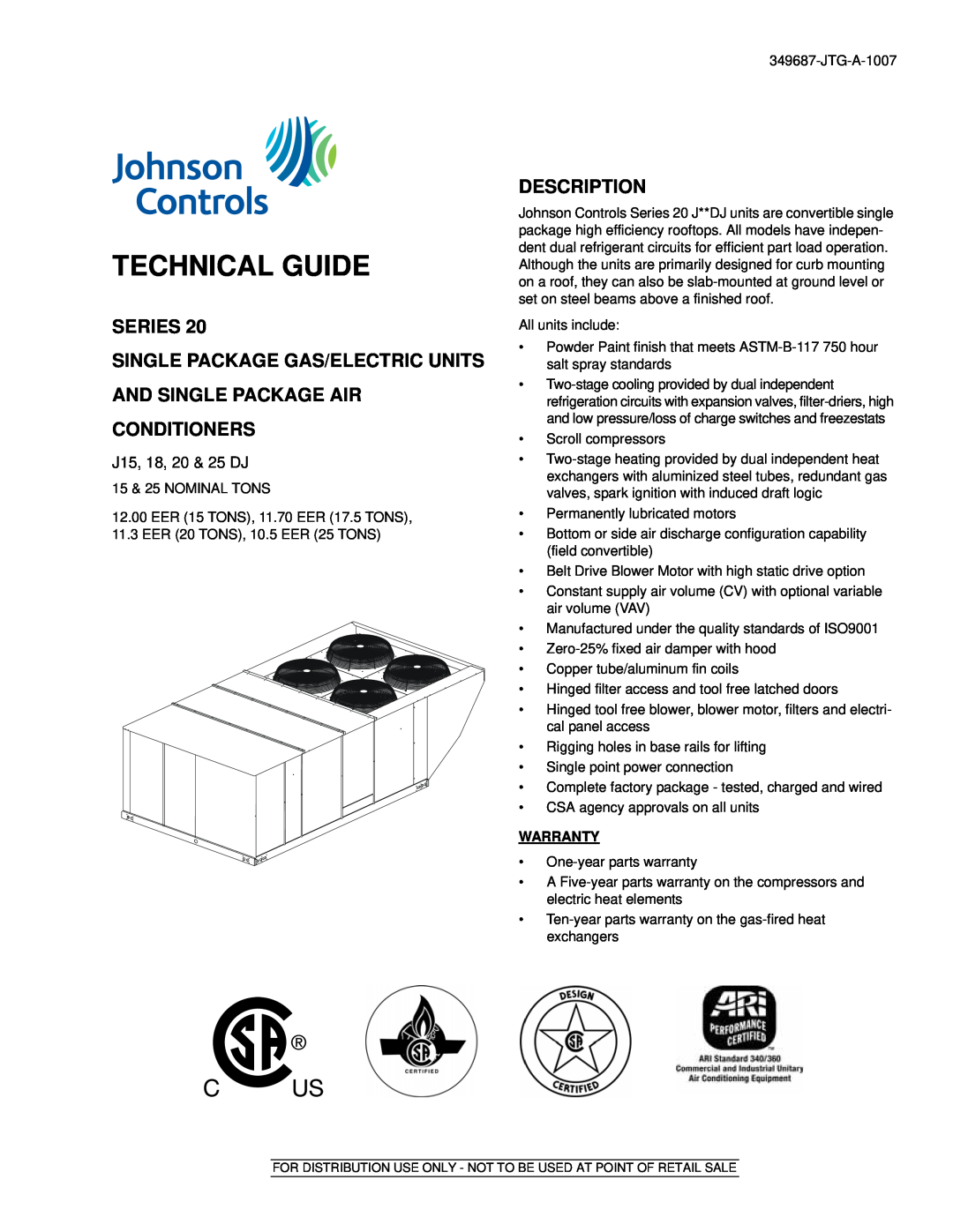 Johnson Controls J15 warranty Series Single Package Gas/Electric Units, And Single Package Air Conditioners, Description 