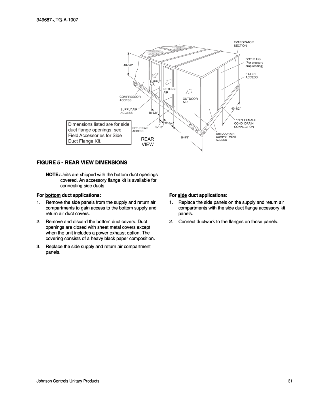 Johnson Controls J15 Rear View Dimensions, Dimensions listed are for side, duct flange openings see, Duct Flange Kit 
