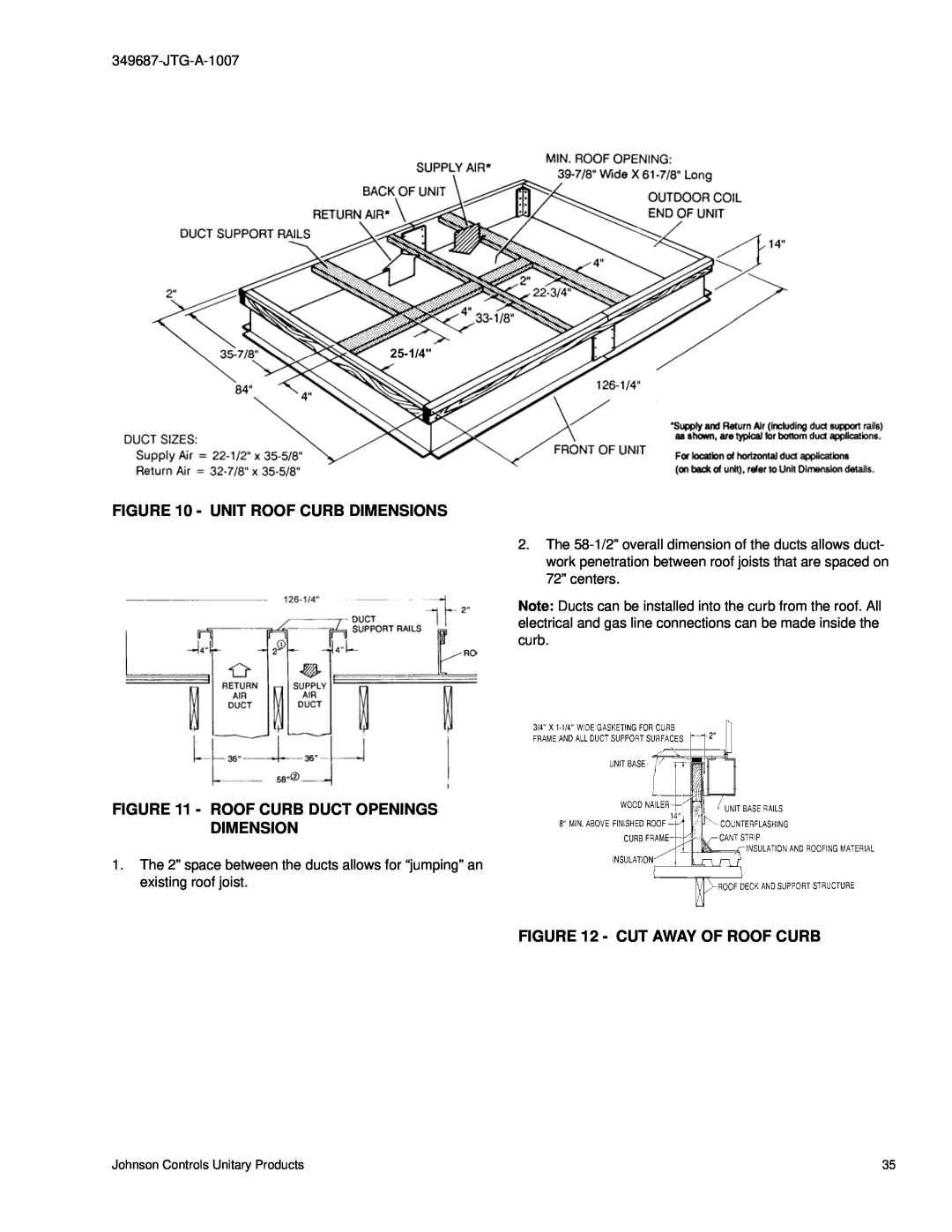 Johnson Controls J15 warranty Unit Roof Curb Dimensions, Roof Curb Duct Openings Dimension, Cut Away Of Roof Curb 