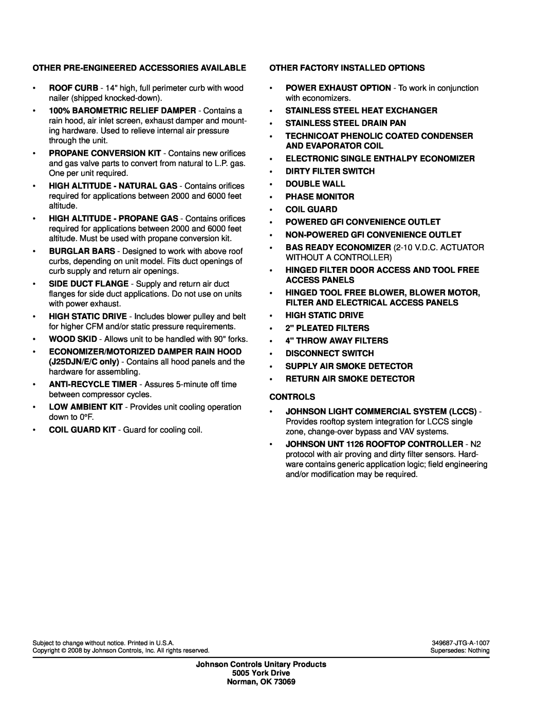 Johnson Controls J15 warranty Other Pre-Engineeredaccessories Available 