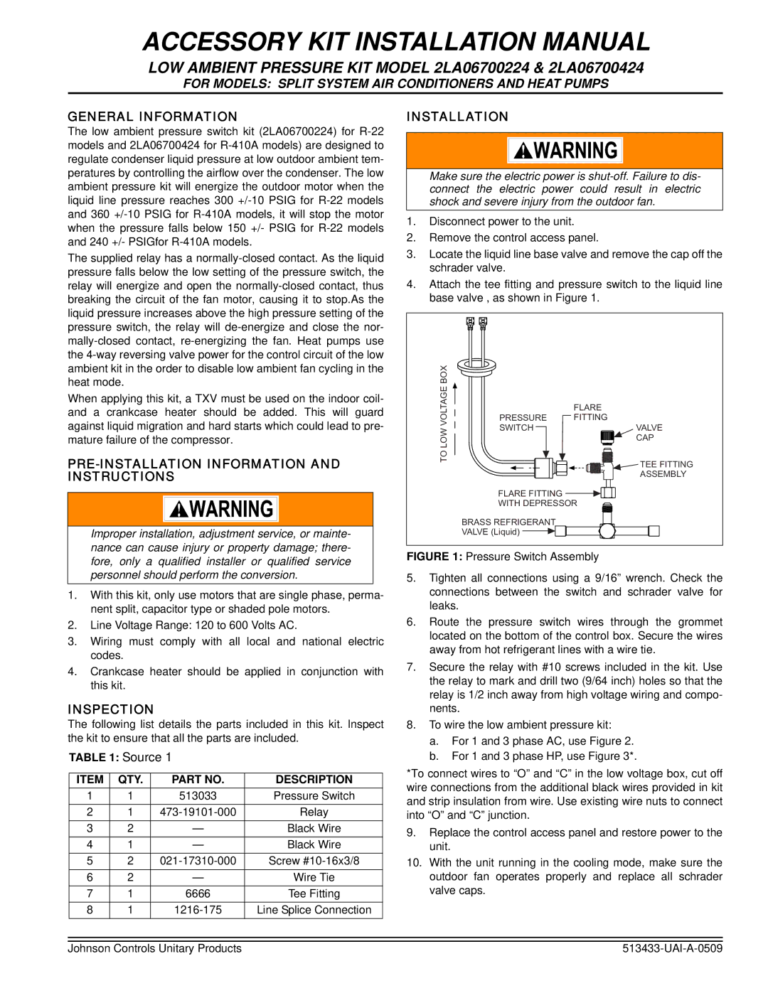 Johnson Controls Low Ambient Pressure Kit installation manual Accessory KIT Installation Manual 