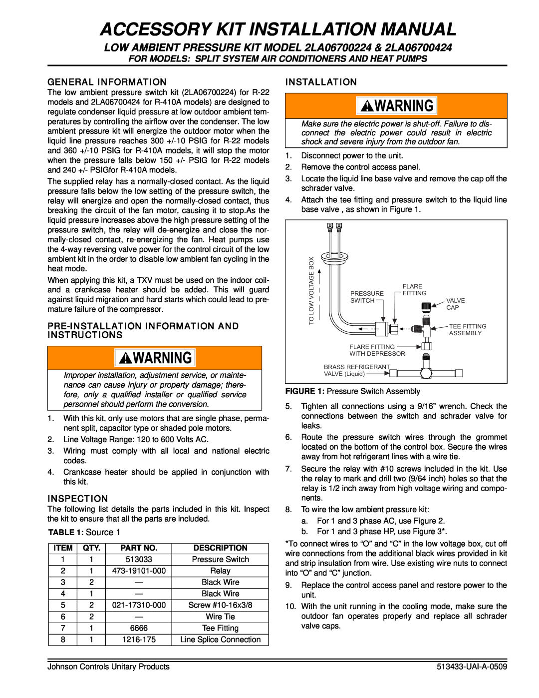 Johnson Controls Low Ambient Pressure Kit installation manual Source, Description, Accessory Kit Installation Manual 
