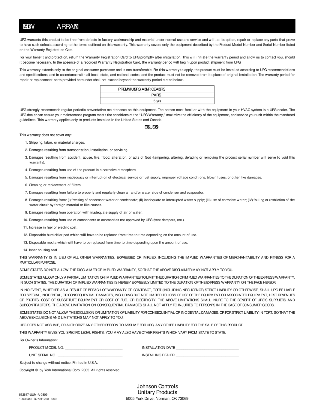 Johnson Controls M10PAC1625/2025, M13PAC1625/2025 owner manual Limited Warranty, Premium Humidifiers and AIR Cleaners Parts 