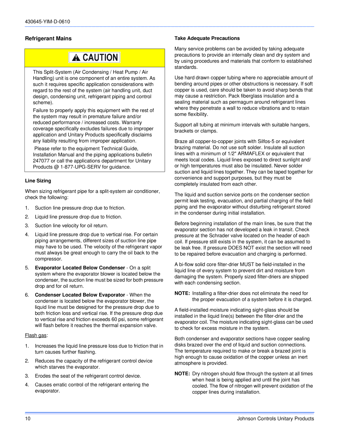 Johnson Controls PD 180 THRU 240, PC090 THRU 240 dimensions Refrigerant Mains, Take Adequate Precautions, Line Sizing 