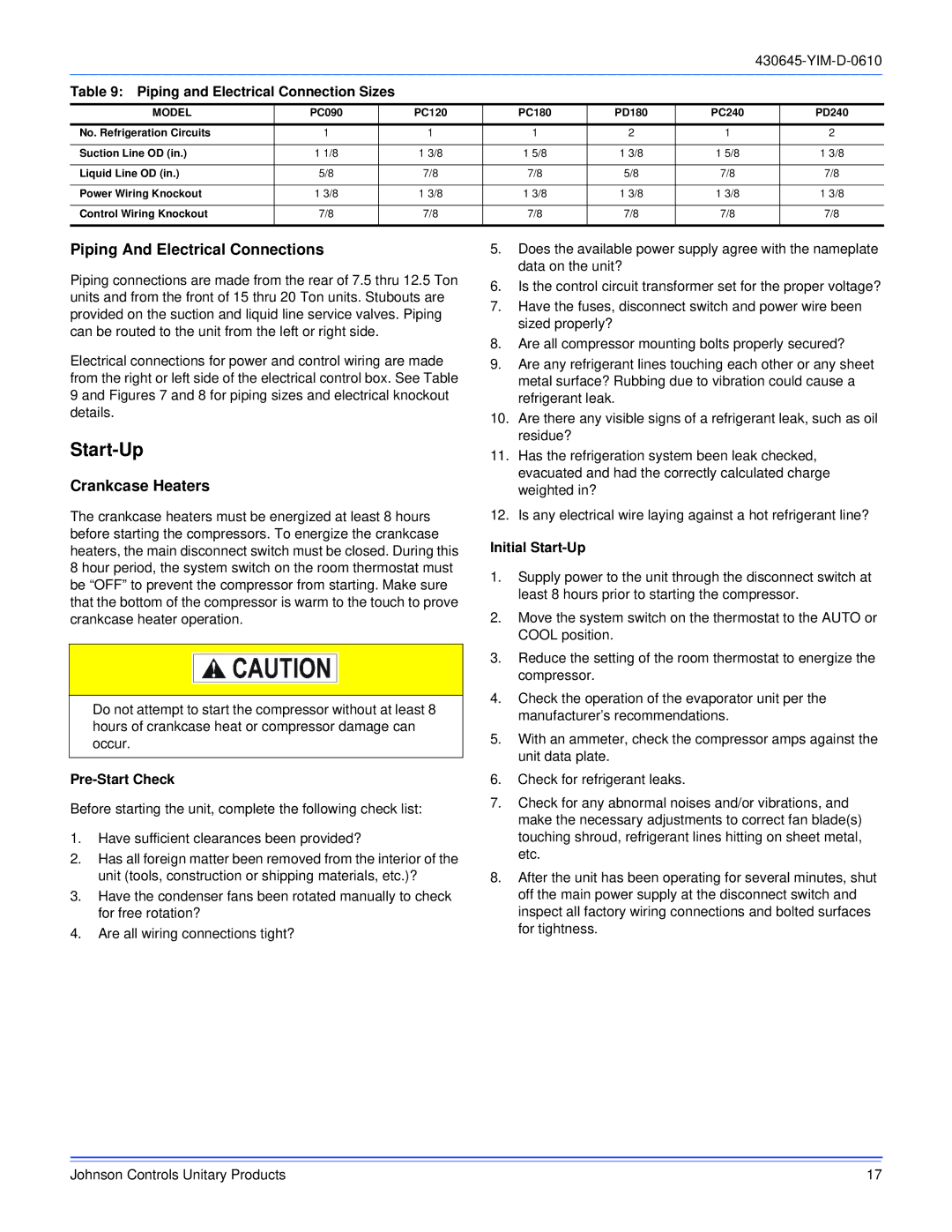 Johnson Controls PC090 THRU 240, PD 180 THRU 240 dimensions Start-Up, Piping And Electrical Connections, Crankcase Heaters 