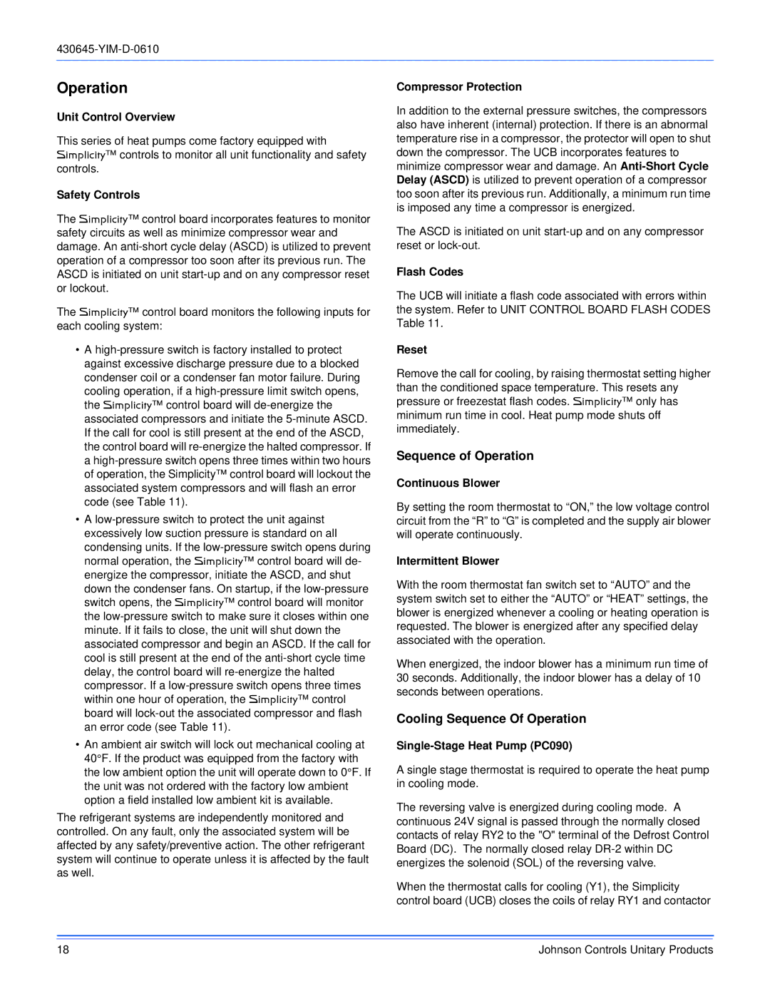 Johnson Controls PD 180 THRU 240, PC090 THRU 240 dimensions Sequence of Operation, Cooling Sequence Of Operation 