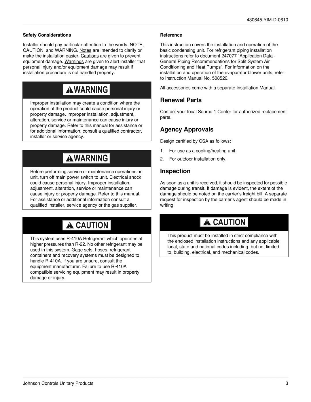 Johnson Controls PC090 THRU 240 dimensions Renewal Parts, Agency Approvals, Inspection, Safety Considerations, Reference 