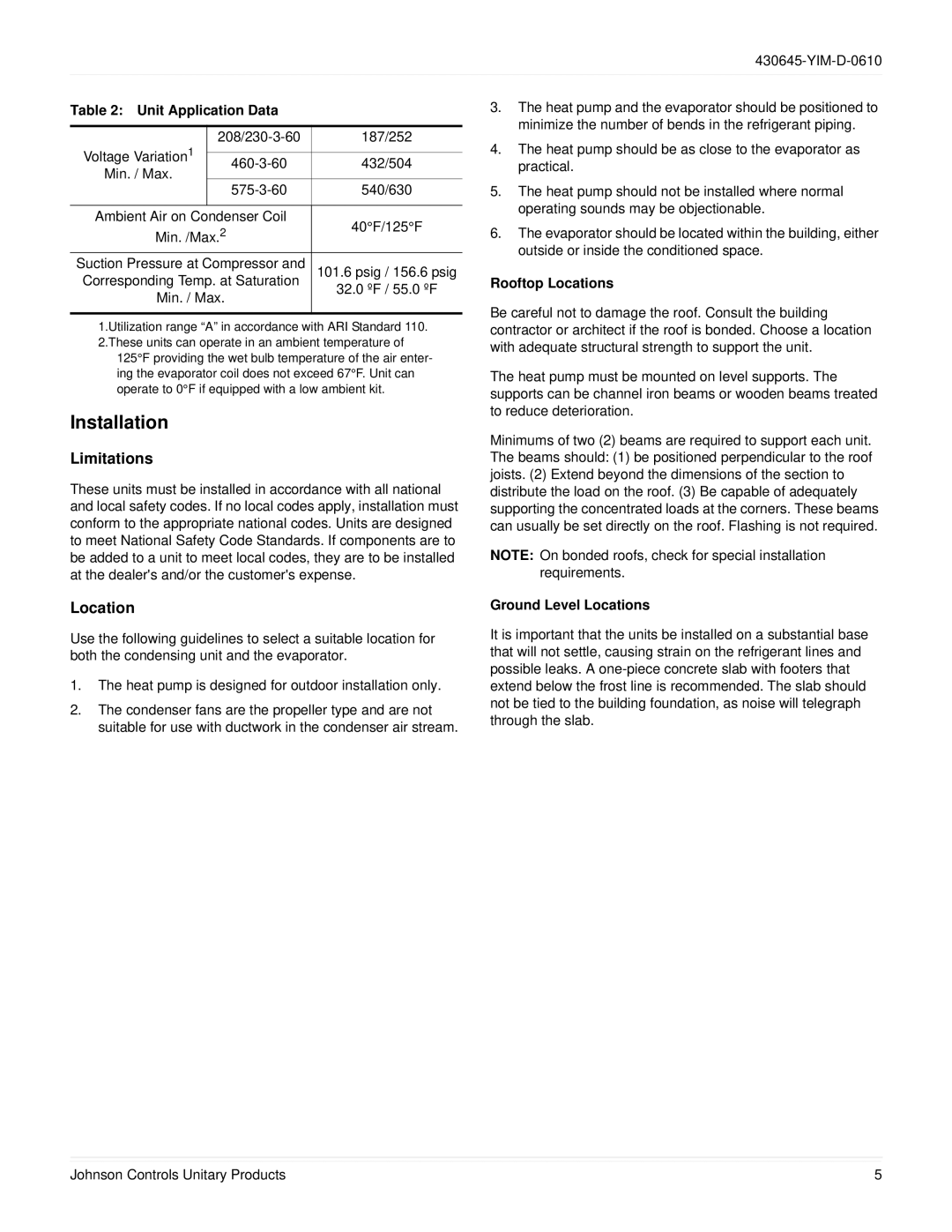 Johnson Controls PC090 THRU 240, PD 180 THRU 240 dimensions Installation, Limitations, Location 