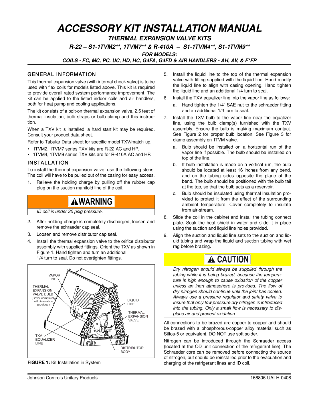 Johnson Controls R-22 S1-1TVM2 installation manual Accessory KIT Installation Manual, Thermal Expansion Valve Kits 