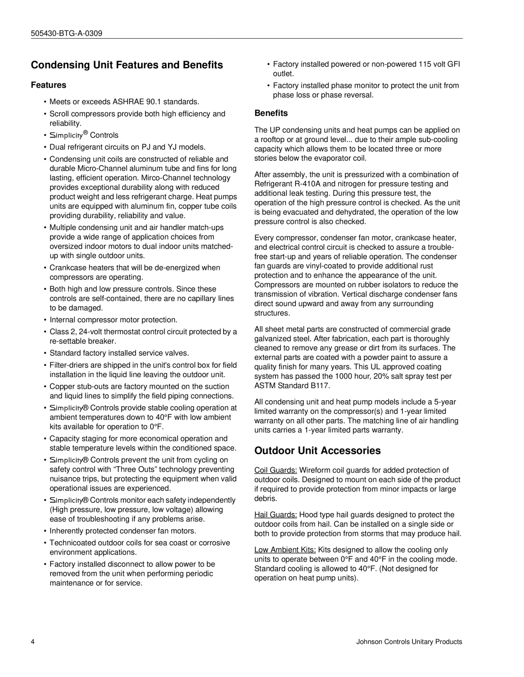 Johnson Controls R-410A manual Condensing Unit Features and Benefits, Outdoor Unit Accessories 