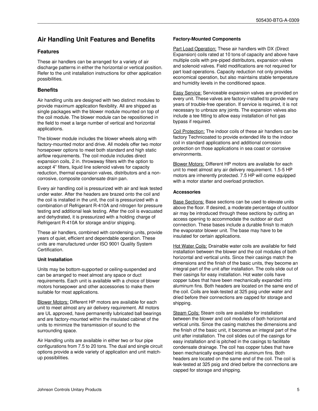 Johnson Controls R-410A manual Air Handling Unit Features and Benefits, Unit Installation, Factory-Mounted Components 