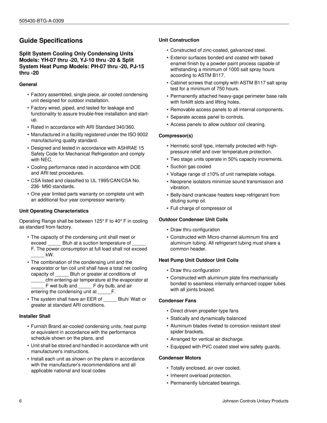 Johnson Controls R-410A manual Guide Specifications 