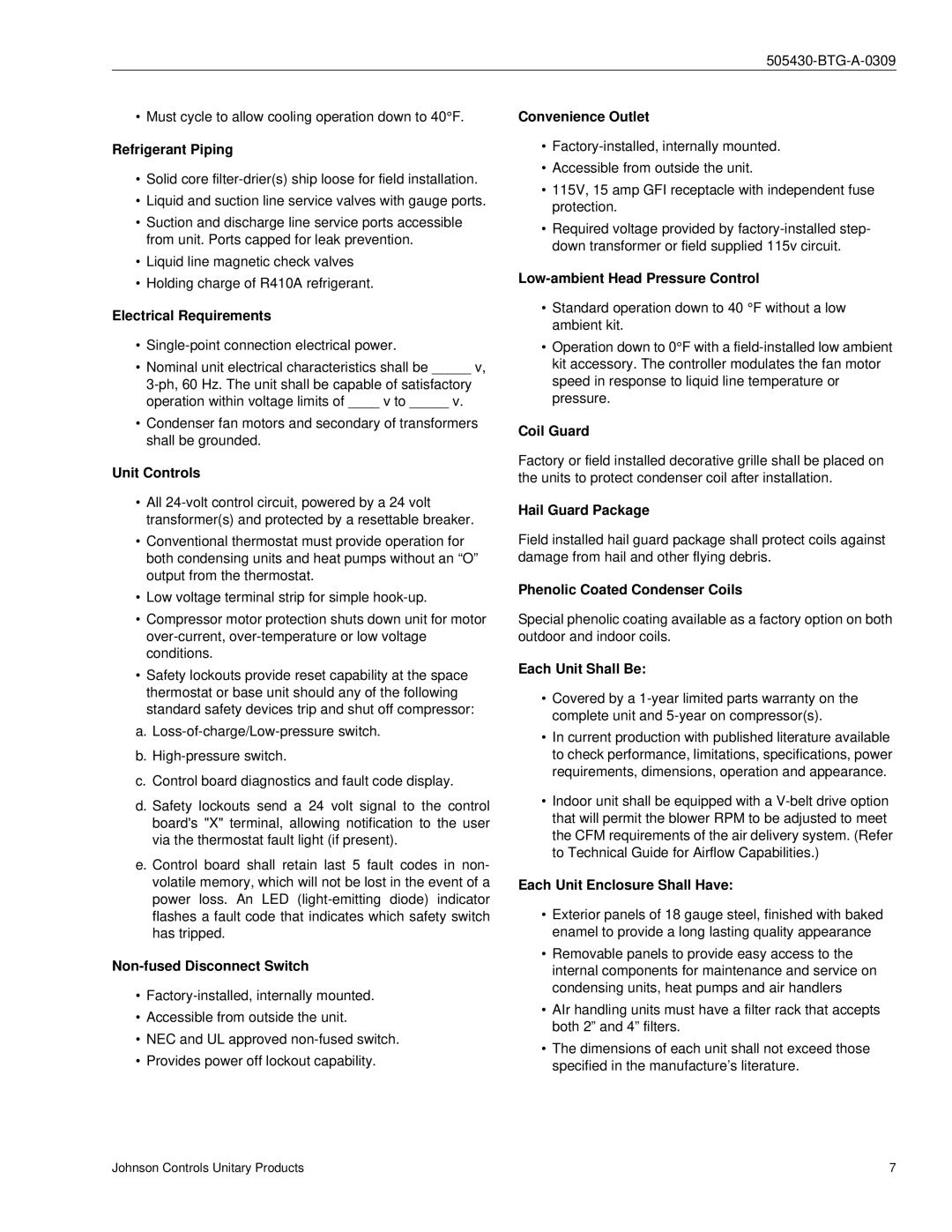 Johnson Controls R-410A manual Refrigerant Piping, Electrical Requirements, Unit Controls, Non-fused Disconnect Switch 