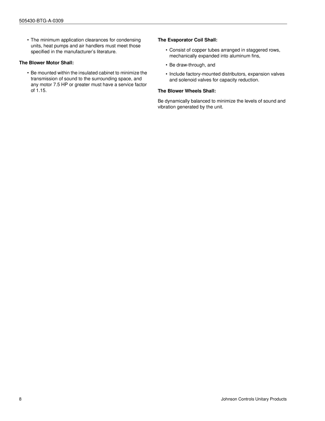 Johnson Controls R-410A manual Evaporator Coil Shall, Blower Motor Shall, Blower Wheels Shall 