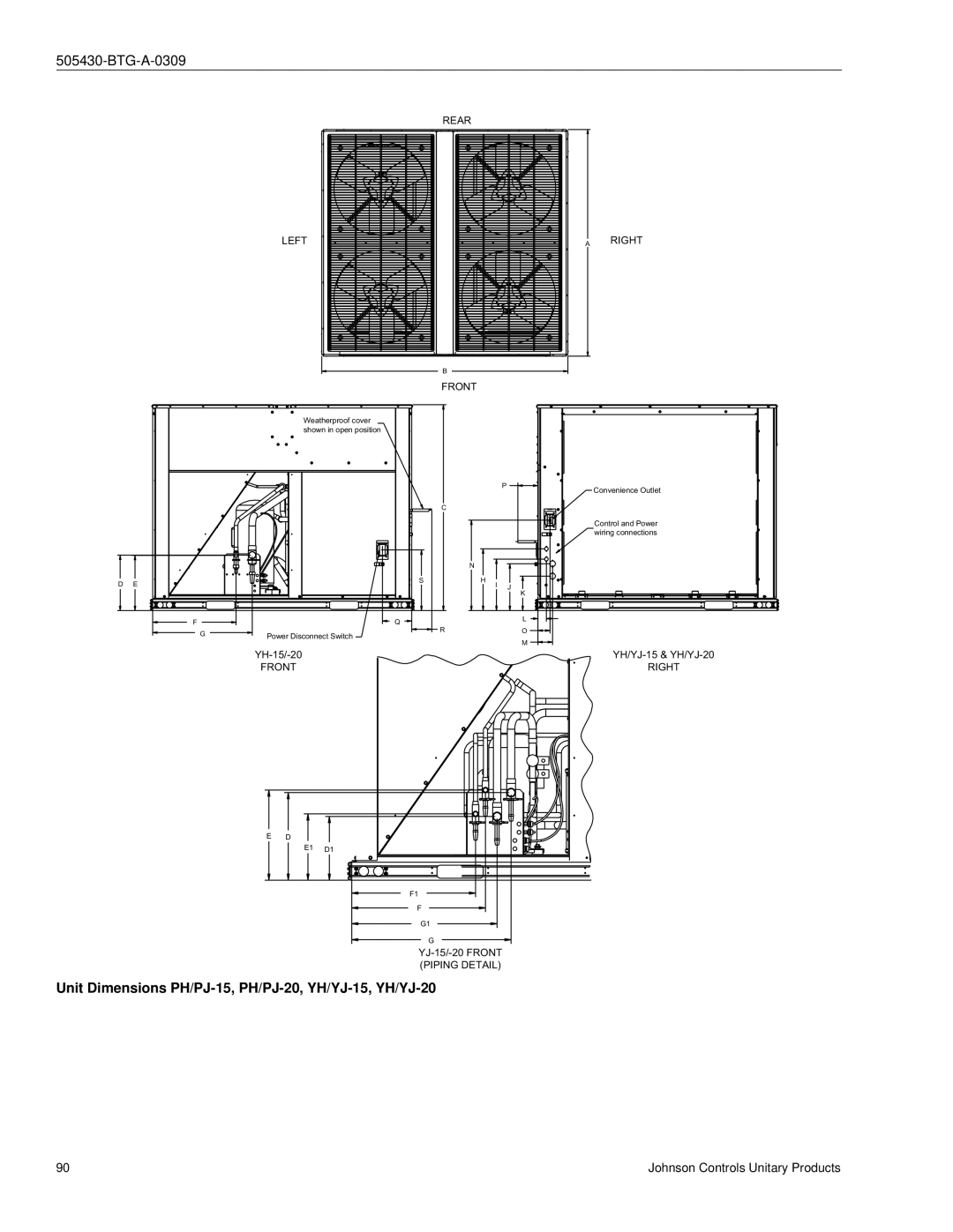 Johnson Controls R-410A manual Unit Dimensions PH/PJ-15, PH/PJ-20, YH/YJ-15, YH/YJ-20 