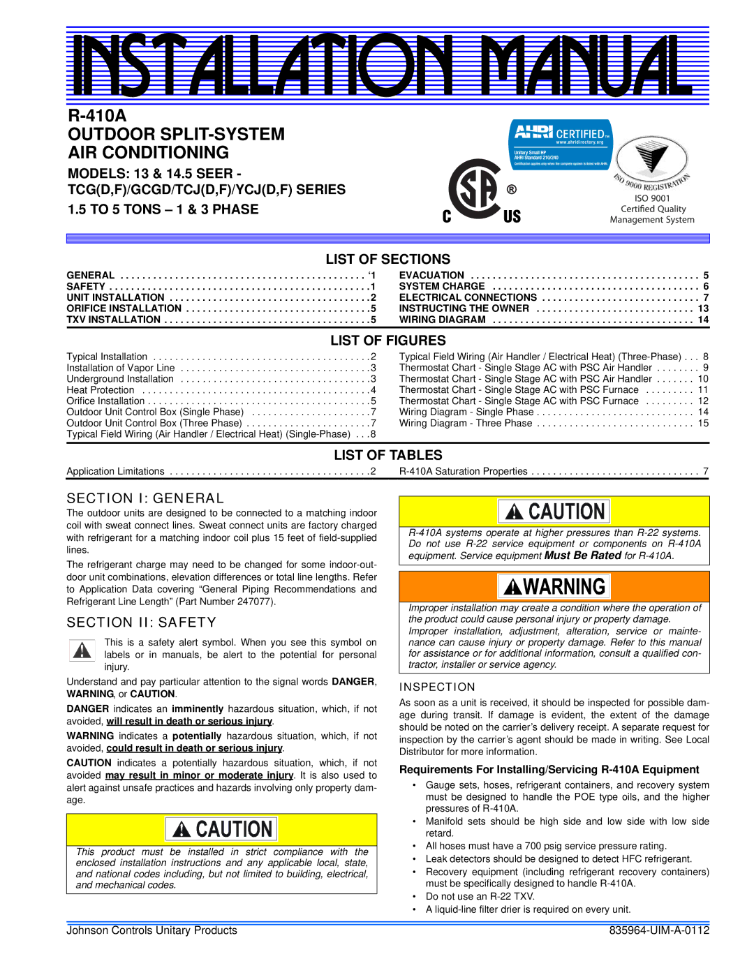 Johnson Controls R-410A installation manual List of Figures, List of Tables, Section I General, Section II Safety 