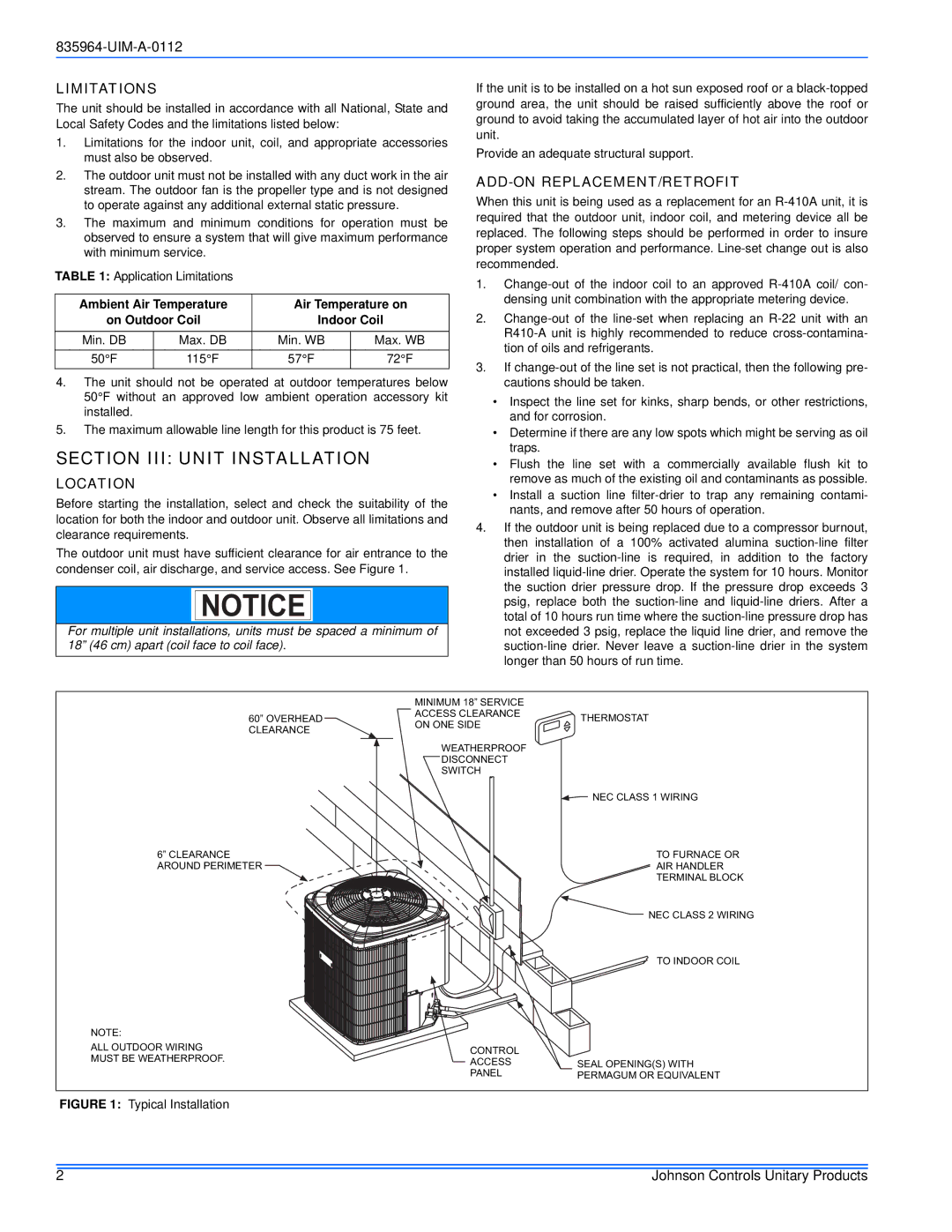 Johnson Controls R-410A Section III Unit Installation, Limitations, Location, Add-On Replacement/Retrofit 