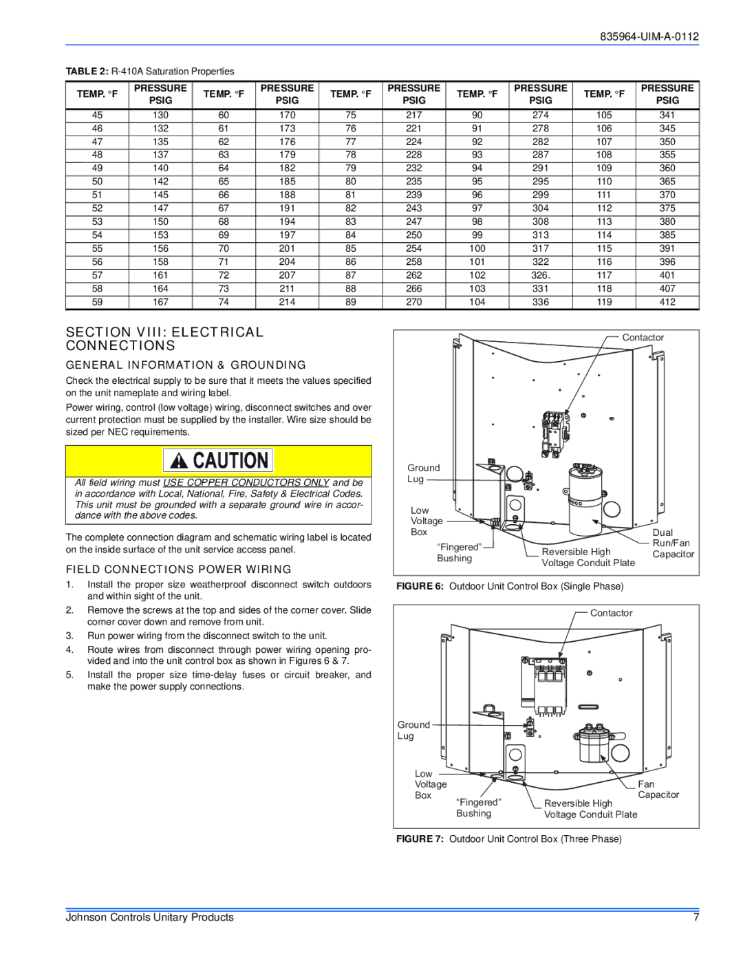 Johnson Controls R-410A installation manual Section Viii Electrical Connections, General Information & Grounding 