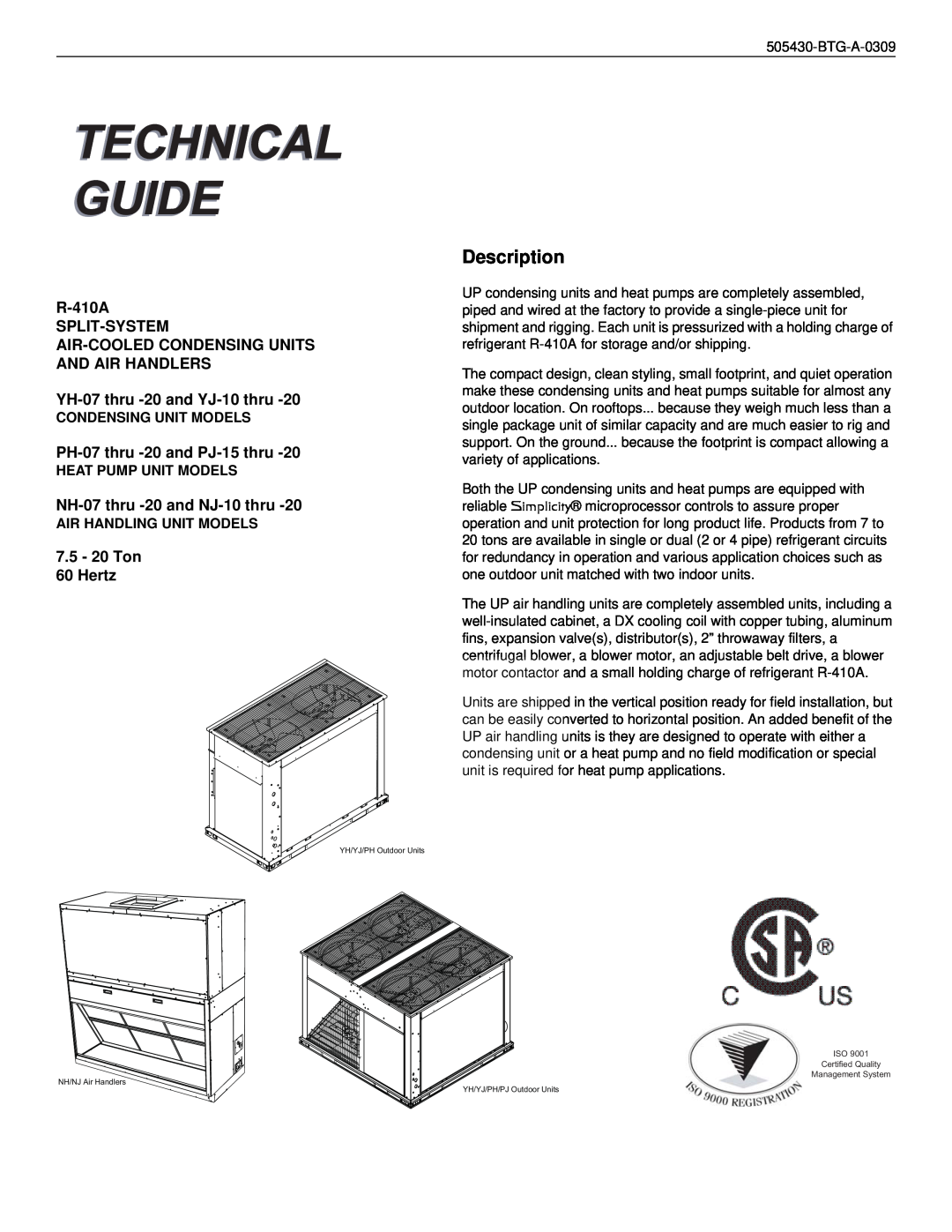 Johnson Controls manual Description, R-410A SPLIT-SYSTEM AIR-COOLEDCONDENSING UNITS, PH-07thru -20and PJ-15thru 