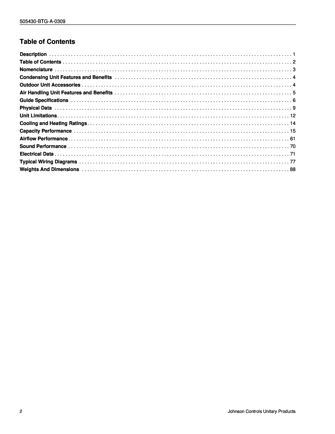 Johnson Controls R-410A manual Table of Contents 