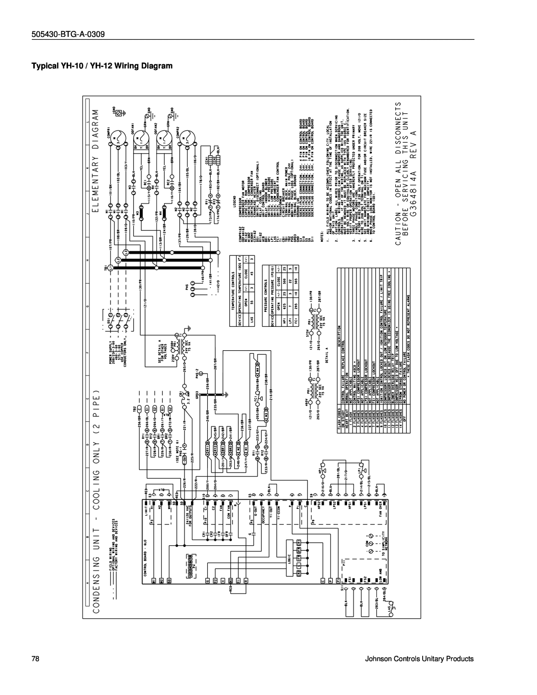 Johnson Controls R-410A manual Typical YH-10 / YH-12Wiring Diagram, BTG-A-0309 