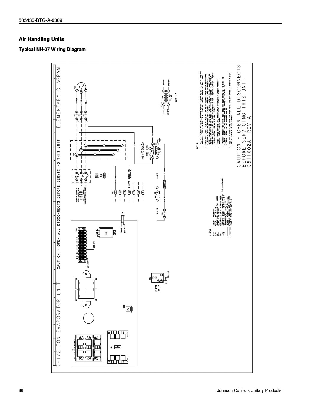 Johnson Controls R-410A manual Air Handling Units, Typical NH-07Wiring Diagram 