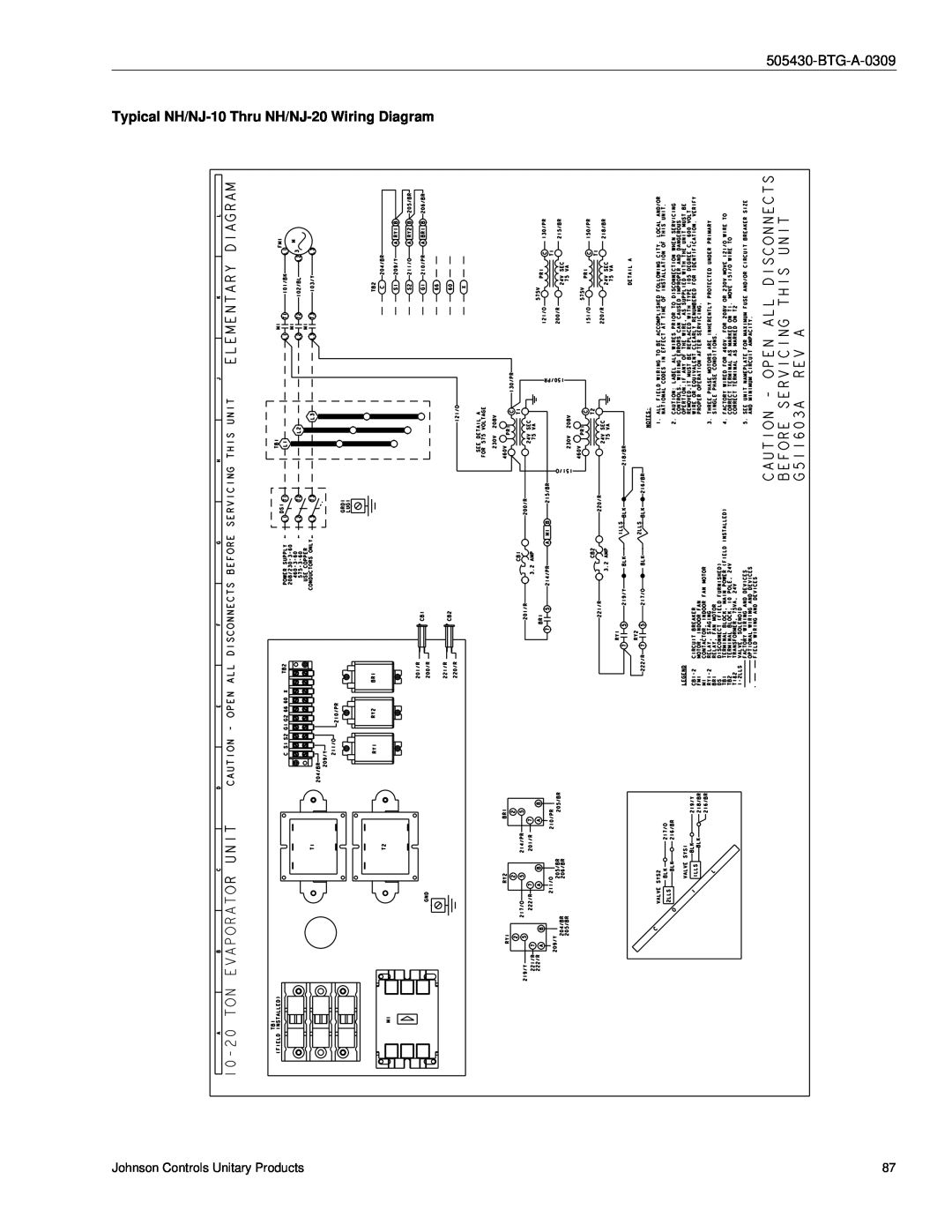 Johnson Controls R-410A manual Typical NH/NJ-10Thru NH/NJ-20Wiring Diagram, BTG-A-0309 