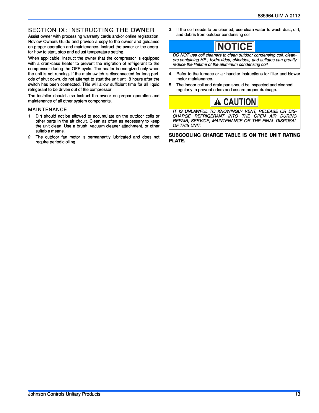 Johnson Controls R-410A Section Ix Instructing The Owner, Maintenance, UIM-A-0112, Johnson Controls Unitary Products 