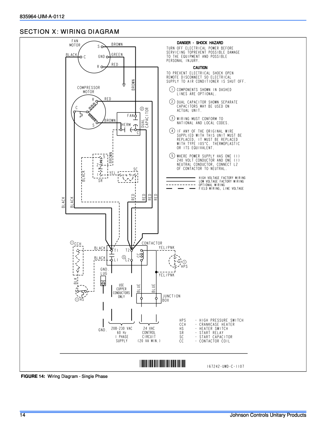 Johnson Controls R-410A installation manual 167242, Section X Wiring Diagram, UIM-A-0112, Wiring Diagram - Single Phase 