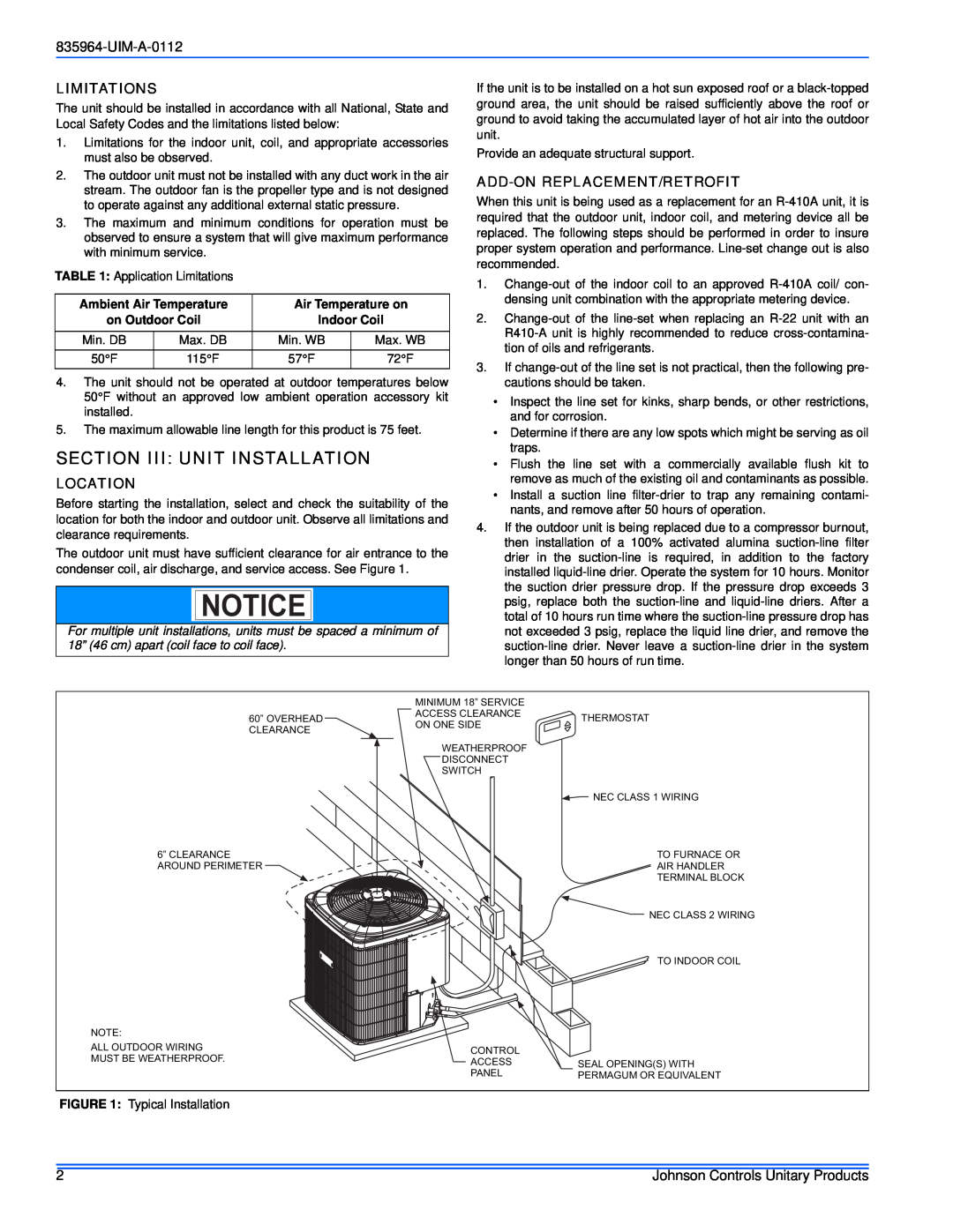 Johnson Controls R-410A Section Iii Unit Installation, UIM-A-0112, Limitations, Location, Add-Onreplacement/Retrofit 