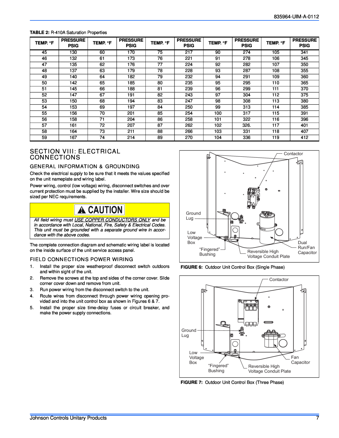 Johnson Controls R-410A Section Viii Electrical Connections, General Information & Grounding, UIM-A-0112 