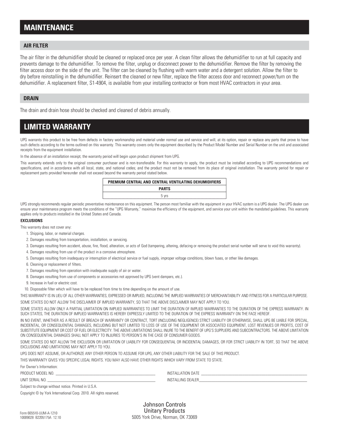 Johnson Controls S1-CD065T01 owner manual Maintenance, Limited Warranty, Air Filter, Drain 