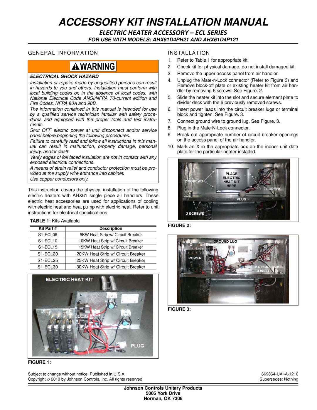 Johnson Controls S1-ECL10 installation manual Accessory KIT Installation Manual, Electric Heater Accessory ECL Series 