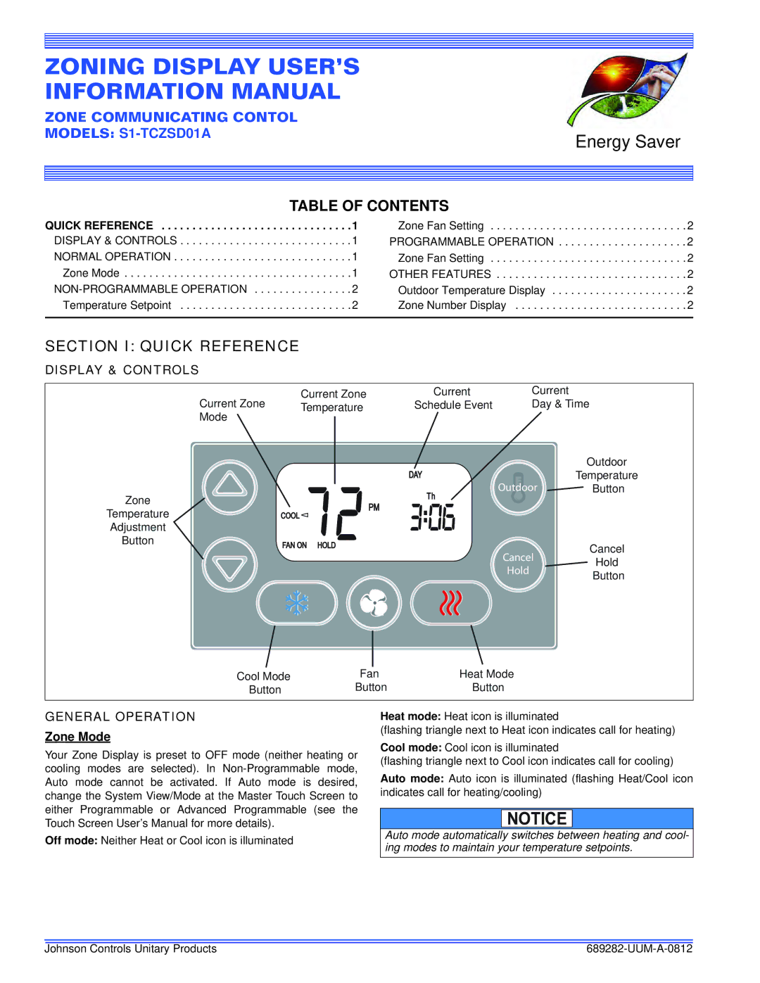 Johnson Controls S1-TCZSD01A user manual Table of Contents, Section I Quick Reference 