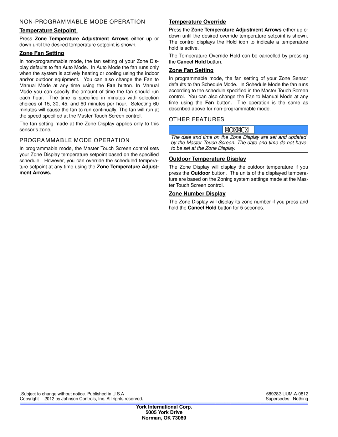 Johnson Controls S1-TCZSD01A user manual NON-PROGRAMMABLE Mode Operation, Programmable Mode Operation, Other Features 