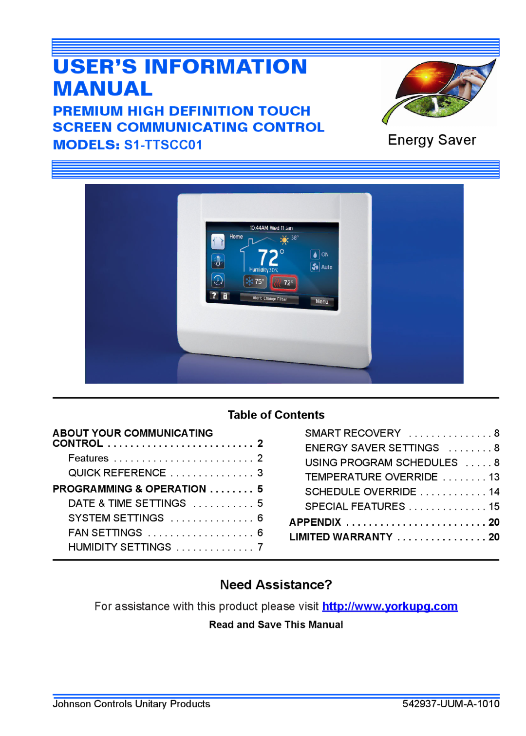 Johnson Controls S1-TTSCC01 appendix USER’S Information Manual, Table of Contents 