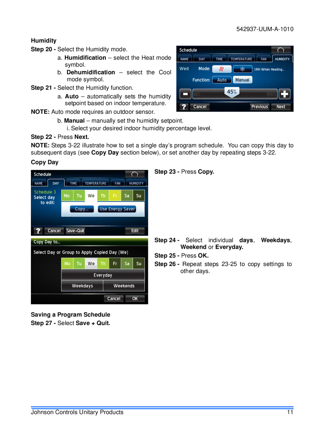 Johnson Controls S1-TTSCC01 appendix Humidity, Press Next Copy Day, Saving a Program Schedule Select Save + Quit 