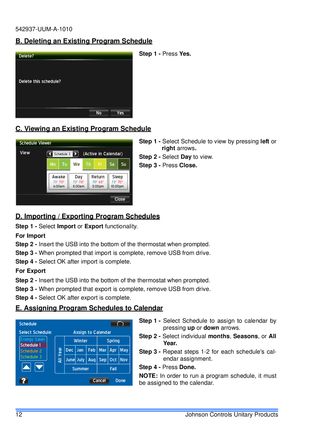 Johnson Controls S1-TTSCC01 appendix Deleting an Existing Program Schedule, Viewing an Existing Program Schedule 