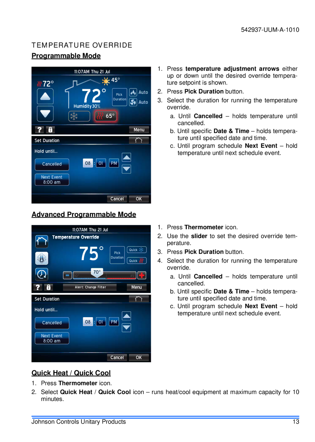 Johnson Controls S1-TTSCC01 appendix Temperature Override, Advanced Programmable Mode, Quick Heat / Quick Cool 