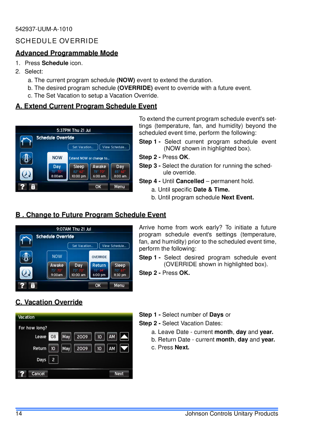 Johnson Controls S1-TTSCC01 appendix Schedule Override, Extend Current Program Schedule Event, Vacation Override 