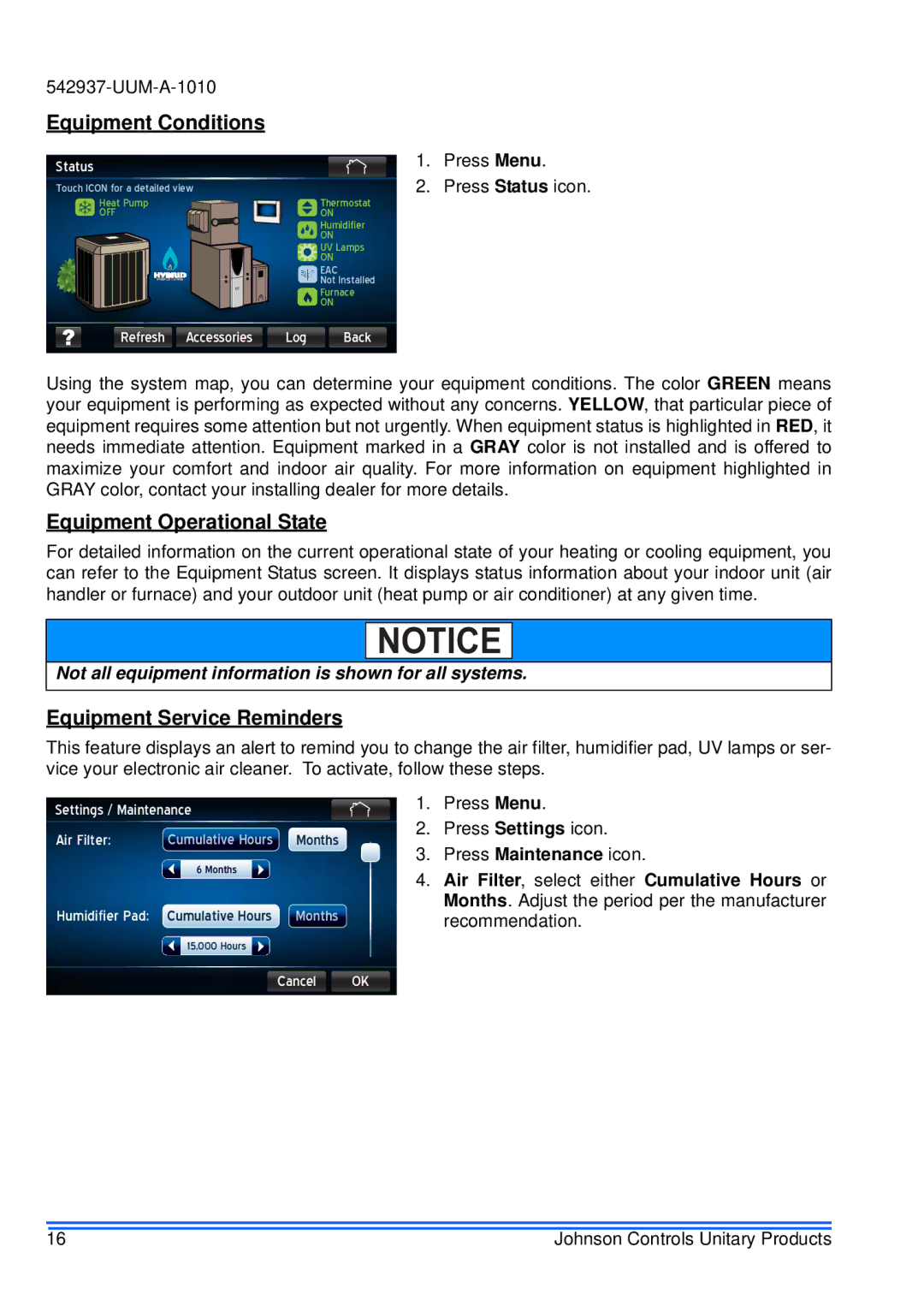 Johnson Controls S1-TTSCC01 appendix Equipment Conditions, Equipment Operational State, Equipment Service Reminders 