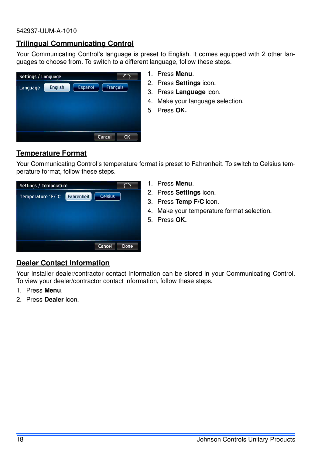 Johnson Controls S1-TTSCC01 appendix Trilingual Communicating Control, Temperature Format, Dealer Contact Information 