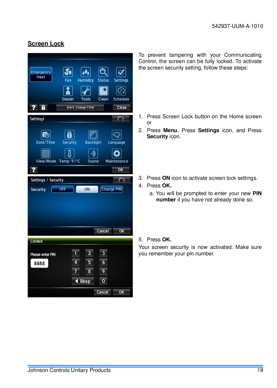 Johnson Controls S1-TTSCC01 appendix Screen Lock, Settings / Security, Locked 