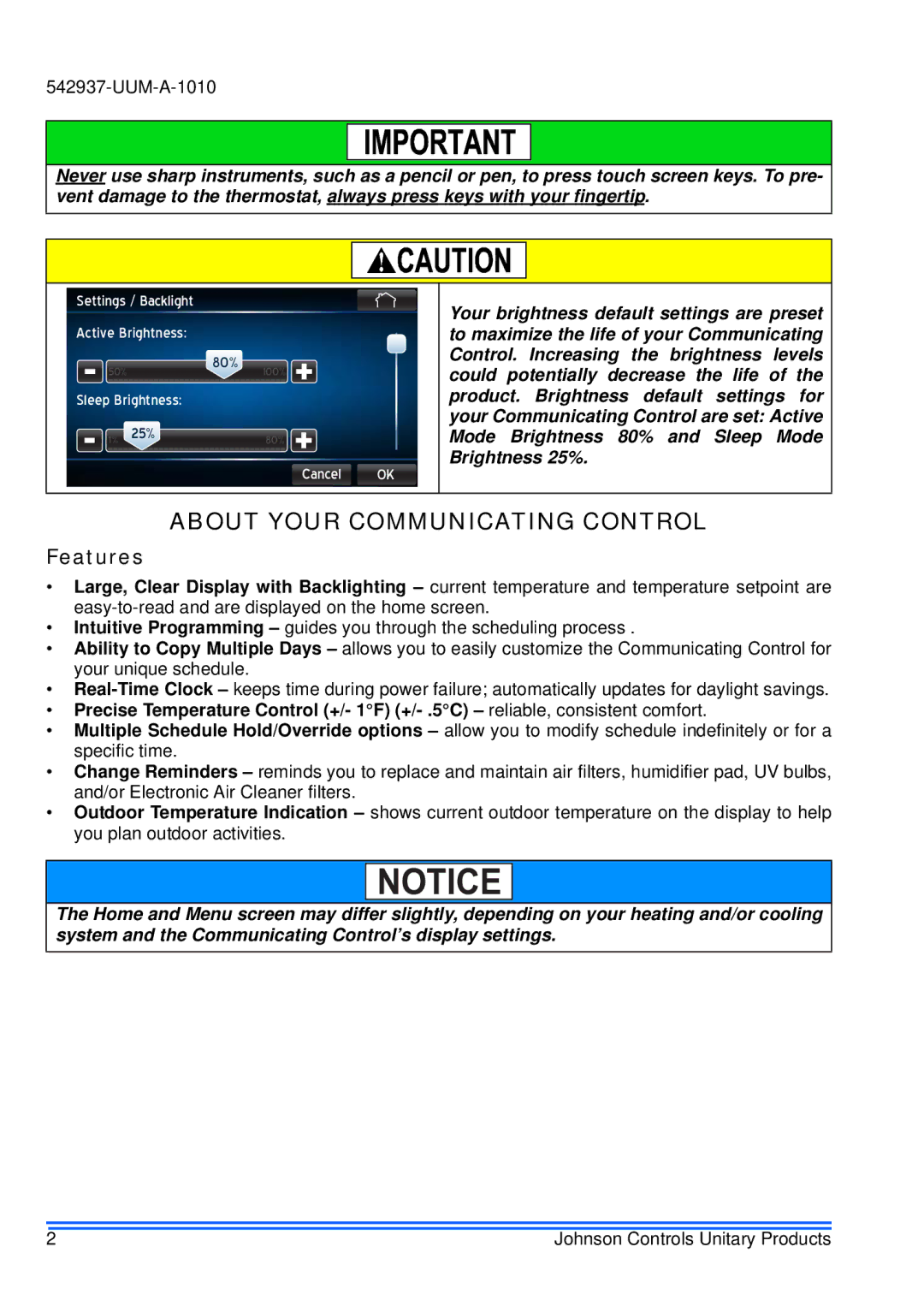 Johnson Controls S1-TTSCC01 appendix Features, Settings / Backlight Active Brightness, Cancel OK 