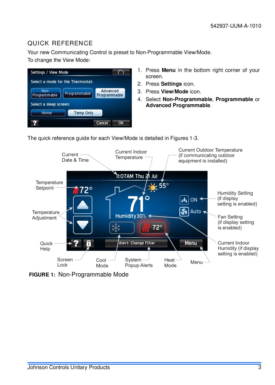 Johnson Controls S1-TTSCC01 appendix Quick Reference, Advanced Programmable, Cancel, Alert Change Filter 