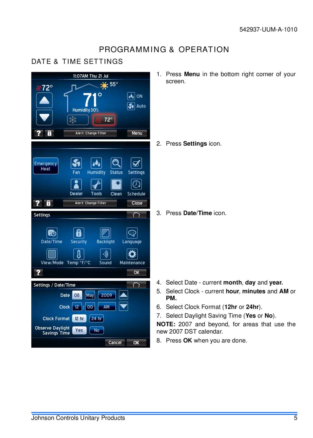 Johnson Controls S1-TTSCC01 appendix Date & Time Settings 